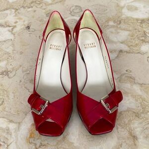 Stuart Weitzman Red Patent Leather Peep Toe Wedge Heel Pumps
